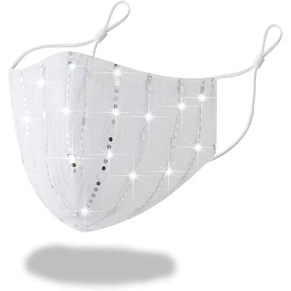 Women's Sparkly Sequin Face Cover Glitter Cotton Sequins Breathable Silver